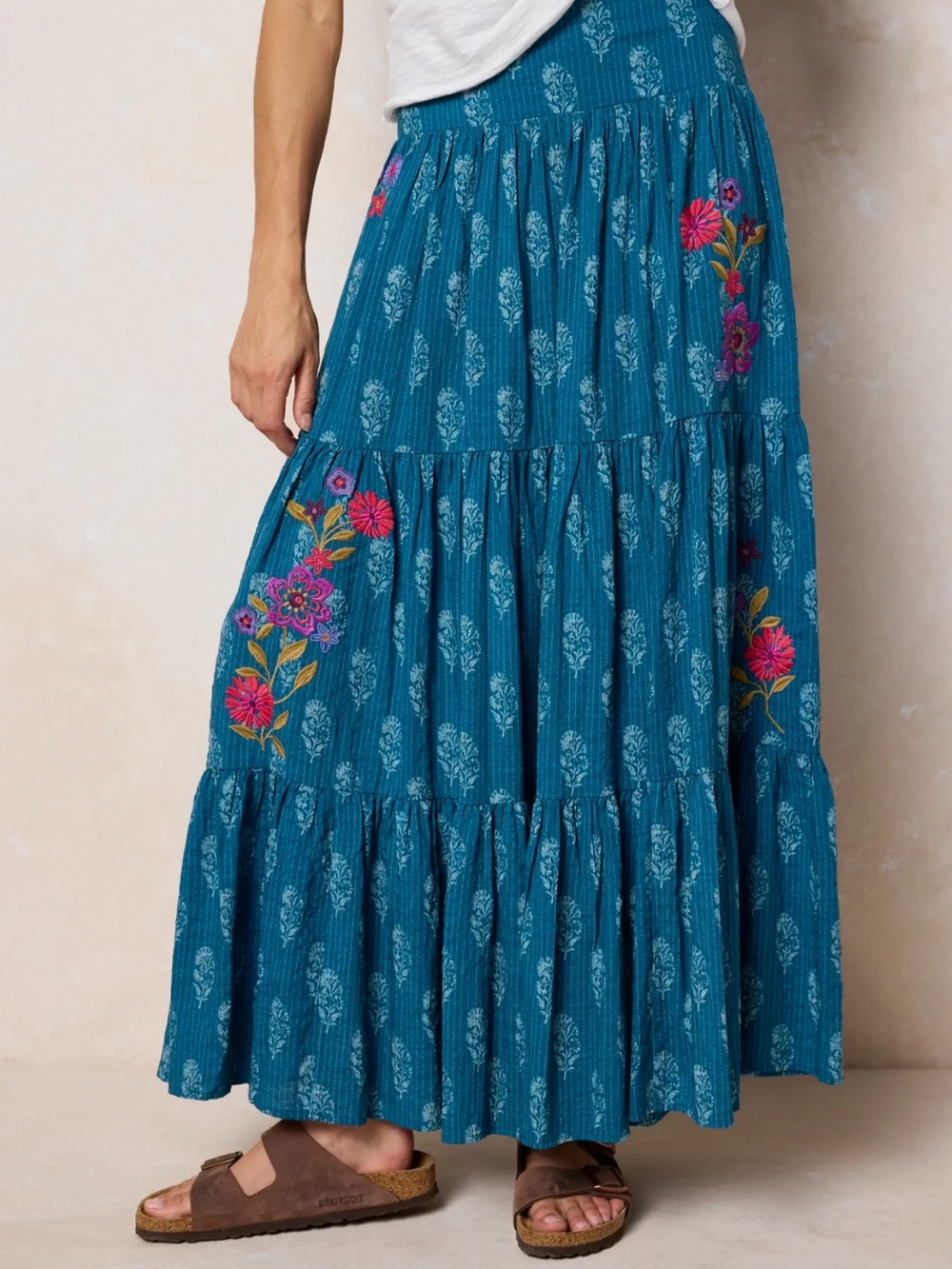 Natural Life Hanna Embroidered Skirt Sz XXL Block Stamp Indigo Maxi Boho Floral
